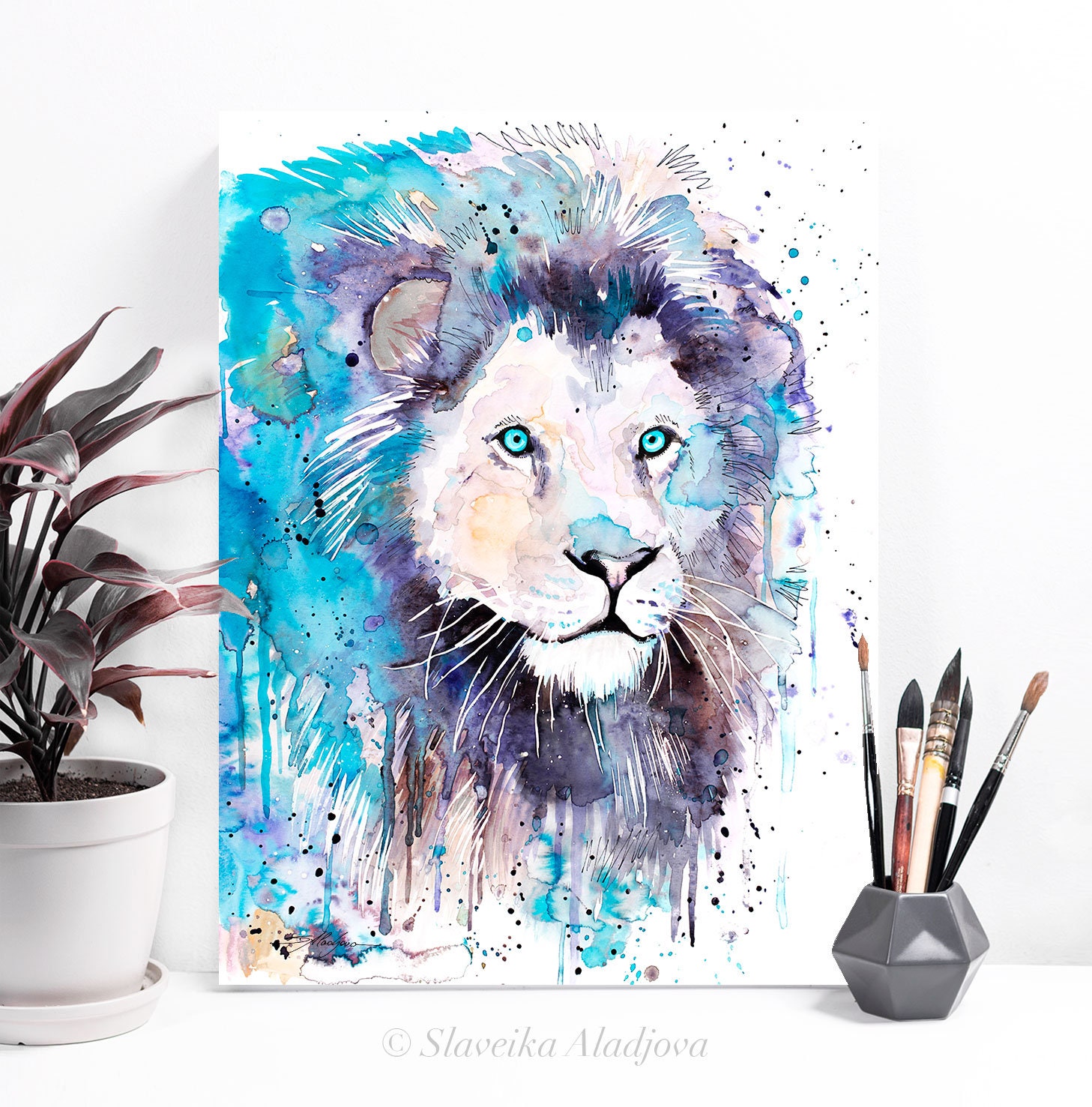 Blue Lion watercolor painting print by Slaveika Aladjova art | Etsy
