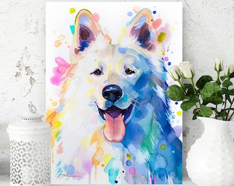 White Swiss Shepherd Dog watercolor painting print by Slaveika Aladjova, animal, illustration, home decor, Nursery, Contemporary, pet art