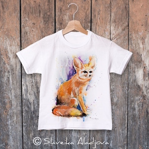 Fennec Fox watercolor kids T-shirt, Boys&#39; Clothing, Girls&#39; Clothing, ring spun Cotton 100%, watercolor print T-shirt, T shirt art