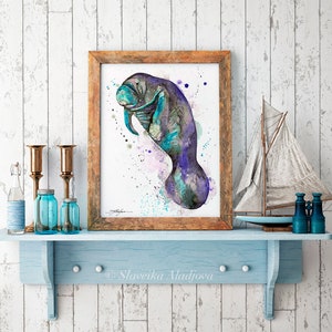 Blue manatee watercolor painting print by Slaveika Aladjova, art, animal, illustration, Sea art, sea life art, home decor, Wall art image 7