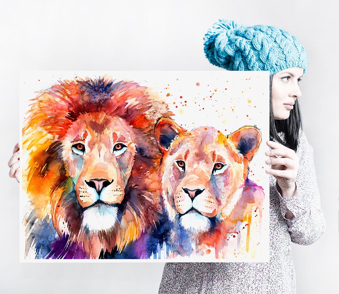 Lion Lioness Love Limited Edition Watercolor Art Print by Slaveika ...