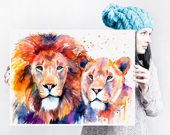 Lion Lioness Love Limited Edition Watercolor Art Print by Slaveika Aladjova, animal, illustration, home decor, Nursery, Wildlife, wall art,