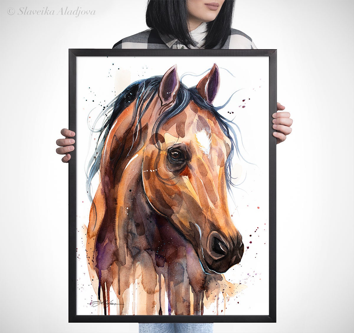 Slaveika Aladjova によるサラブレッド馬の水彩画プリント、動物アート