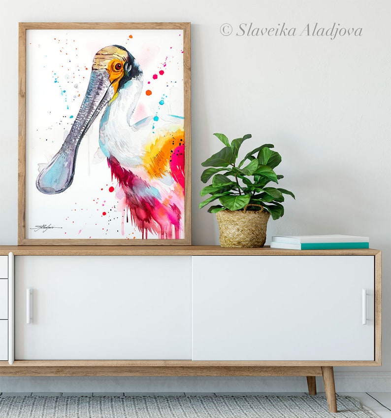 Roseate spoonbill watercolor painting print by Slaveika Aladjova, animal art, illustration, bird, home decor, wall art, portrait, gift image 6