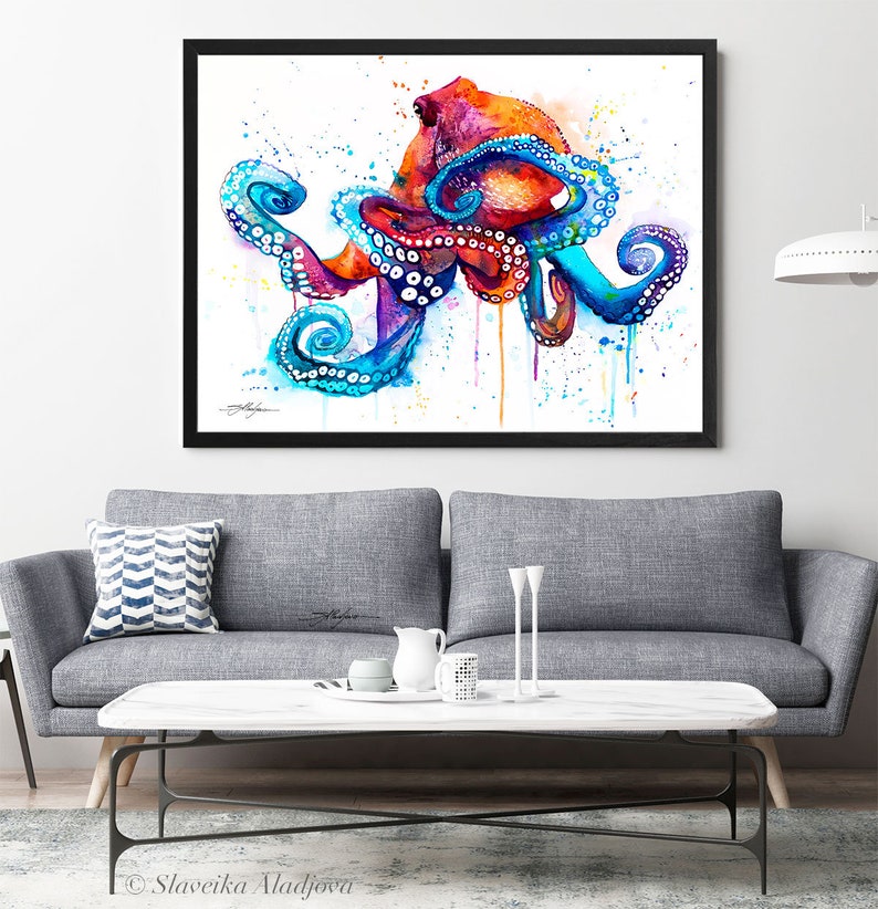 Octopus watercolor painting print by Slaveika Aladjova, art, animal, illustration, Sea art, sea life art, home decor, extra large print image 4