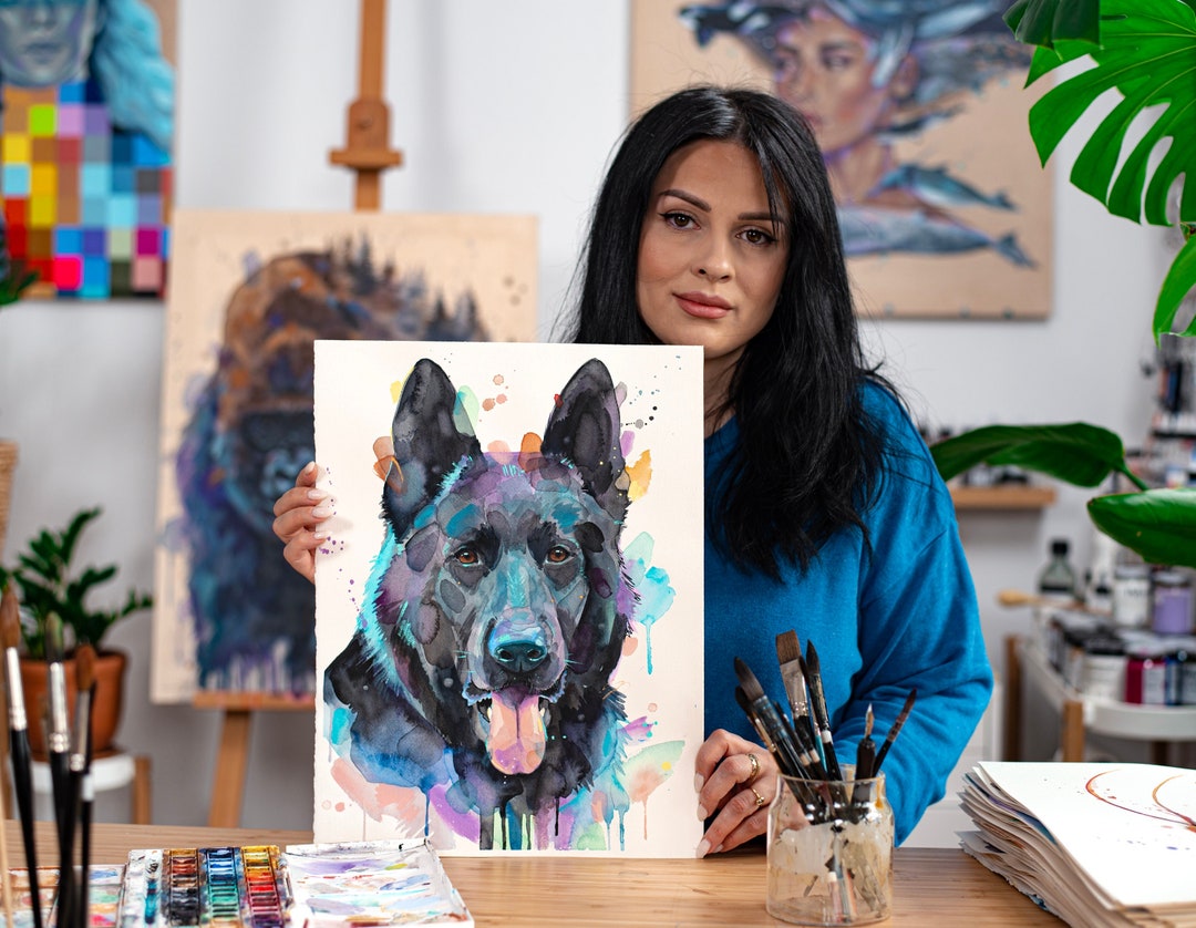 Black German Shepherd Dog Watercolor Painting Print by Slaveika ...