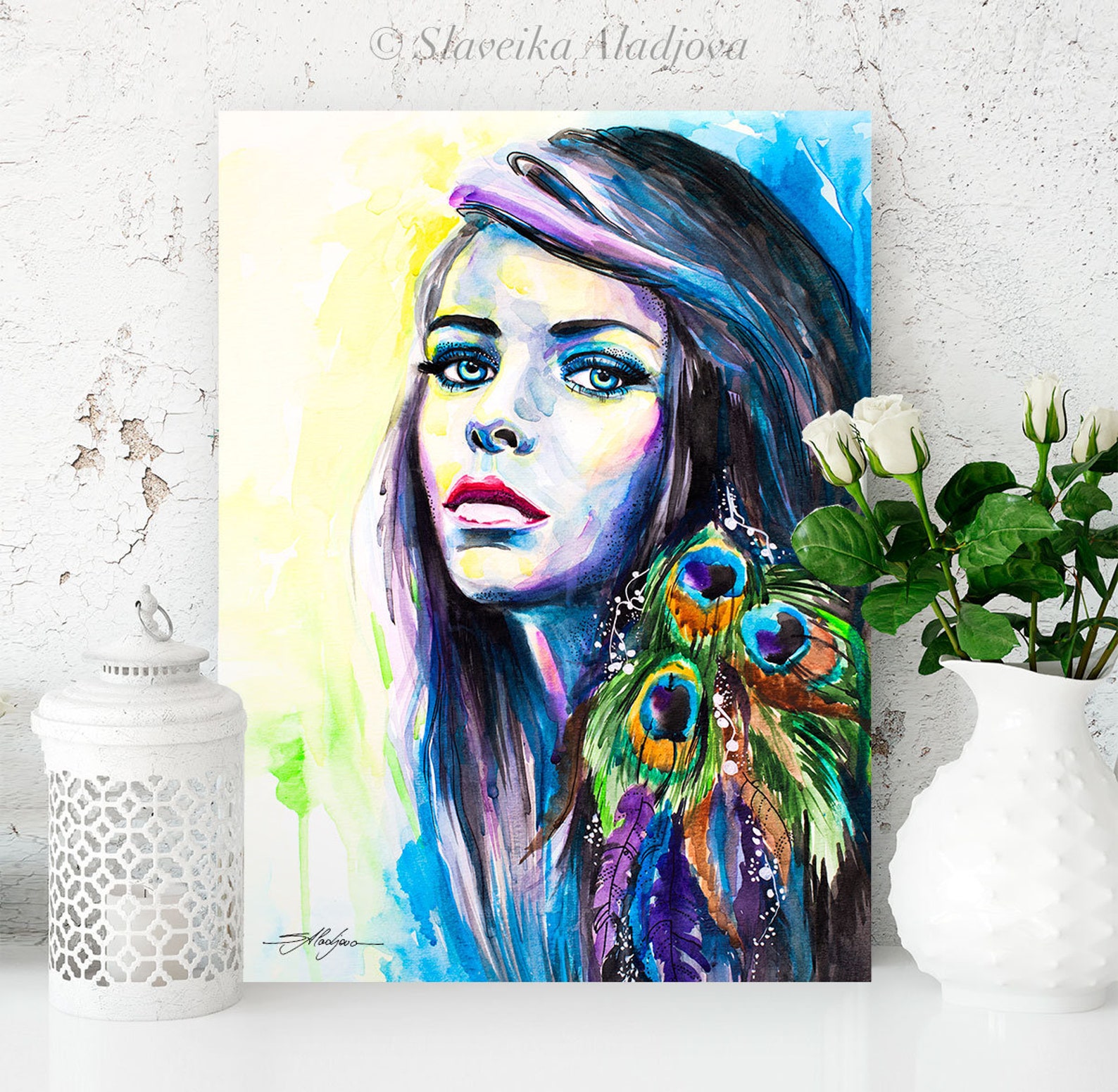 Peacock Girl Watercolor Painting Print by Slaveika Aladjova, Fashion ...
