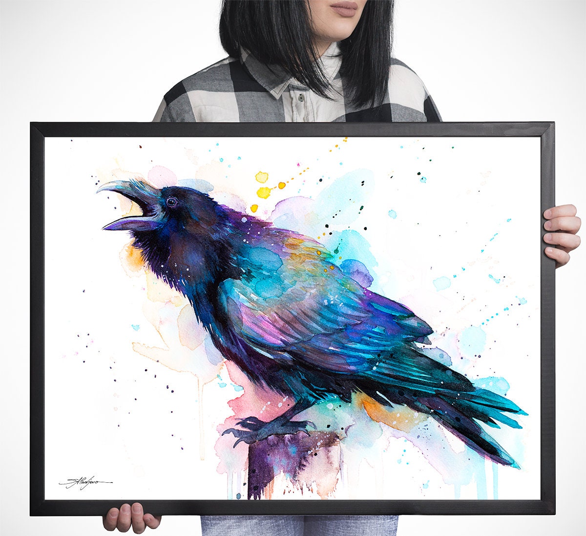 スラヴェイカ・アラジョヴァによるカラスの水彩画プリント、特大