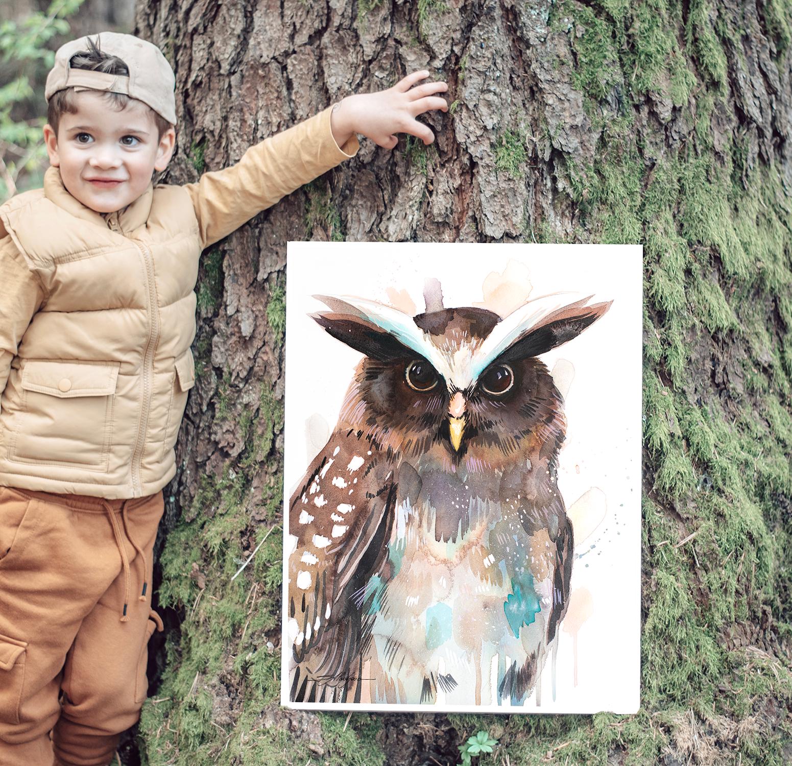 Crested owl watercolor painting print by Slaveika Aladjova, art, animal, illustration, bird, home de