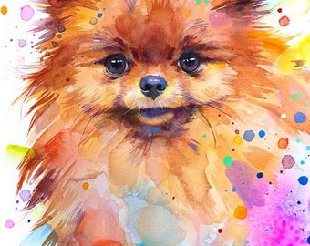 スラヴェイカ・アラジョヴァ作「ポメラニアン犬」限定版水彩画アート
