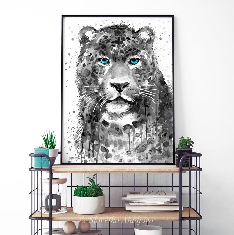 Wildlife wall art illustration animal Black and white Panther Leopard Jaguar watercolor painting print by Slaveika Aladjova home decor