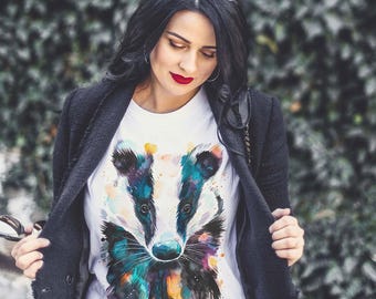 European Badger T-shirt, Unisex T-shirt, ring spun Cotton 100%, watercolor print T-shirt, T shirt art, T shirt animal,XS, S, M, L, XL, XXL