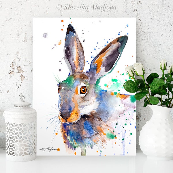 Colorful Jackrabbit watercolor painting print by Slaveika Aladjova, art, animal, illustration, home decor, Nursery, wall art, rabbit