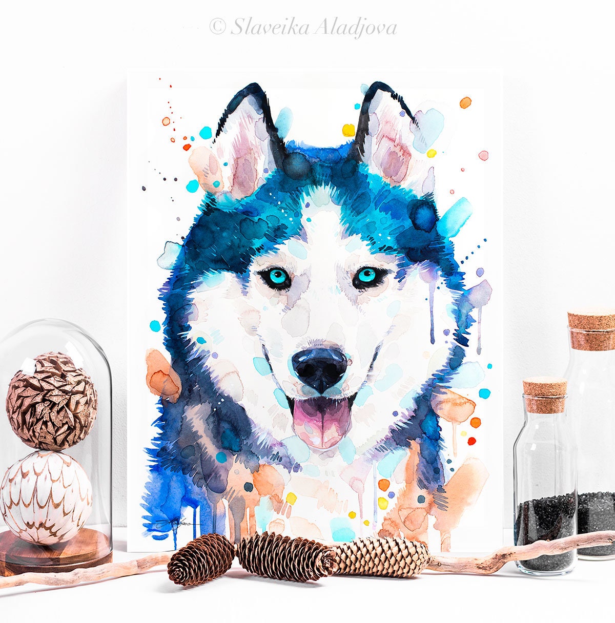 シベリアンハスキー犬 限定版水彩画アートプリント（Slaveika Aladjova