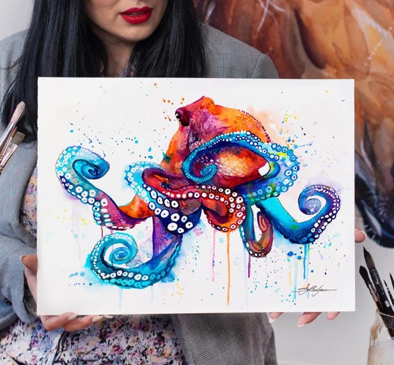 スラヴェイカ・アラジョヴァ作「タコ」限定版水彩画アートプリント