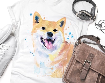 Cream Shiba Inu T-shirt, Unisex T-shirt, ring spun Cotton 100%, watercolor print T-shirt, T shirt art, T shirt animal,XS, S, M, L, XL, XXL