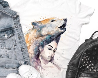 Maglietta fatta a mano con opera d’arte ad acquerello Lupo, regalo unico per gli amanti del lupo, maglietta artistica Lupo ragazza, maglietta con disegno ad acquerello lupo