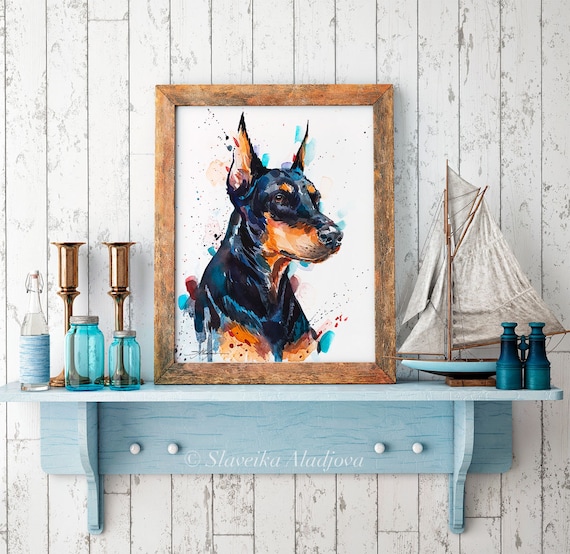 スラベイカ・アラジョワによるドーベルマンの水彩画プリント、動物
