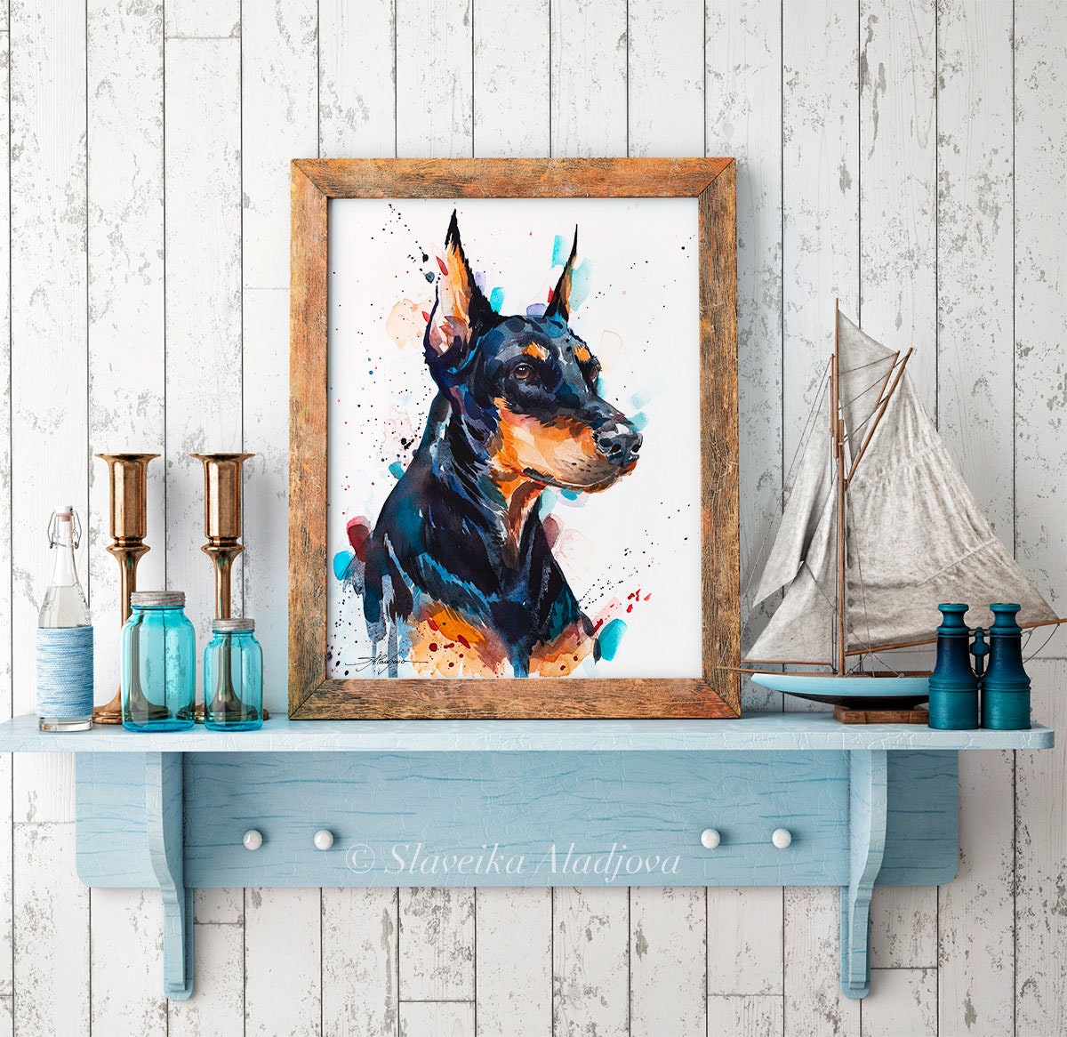 スラベイカ・アラジョワによるドーベルマンの水彩画プリント、動物