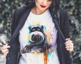 Emperor Tamarin T-shirt, Unisex T-shirt, ring spun Cotton 100%, watercolor print T-shirt, T shirt art, T shirt animal,XS, S, M, L, XL, XXL