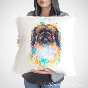 Funda de almohada de tiro pequinés de Slaveika Aladjova, funda de cojín, funda de almohada decorativa, arte animal, almohada de acuarela de perro, mascota linda