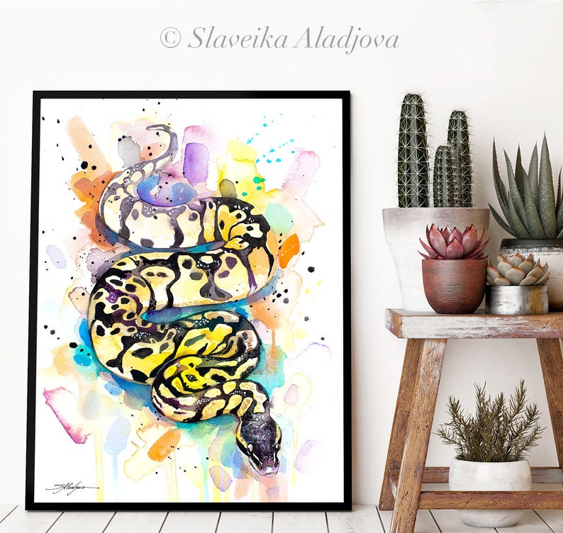 Op de afbeelding: Waterverf schilderij van een gele en zwarte slang met een kleurrijke abstracte achtergrond. De slang is opgerold in een spiraalvorm. De achtergrond is een mix van geel, oranje, roze, paars en blauw.