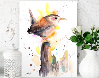 Wren watercolor painting print by Slaveika Aladjova, art, animal, illustration, bird, home decor, wall art, gift, portrait, Flower