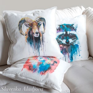 Mouflon throw pillow cover by Slaveika Aladjova, cushion cover, Decorative Pillow Cover, Animal Art, Watercolor pillow, Christmas gift image 2