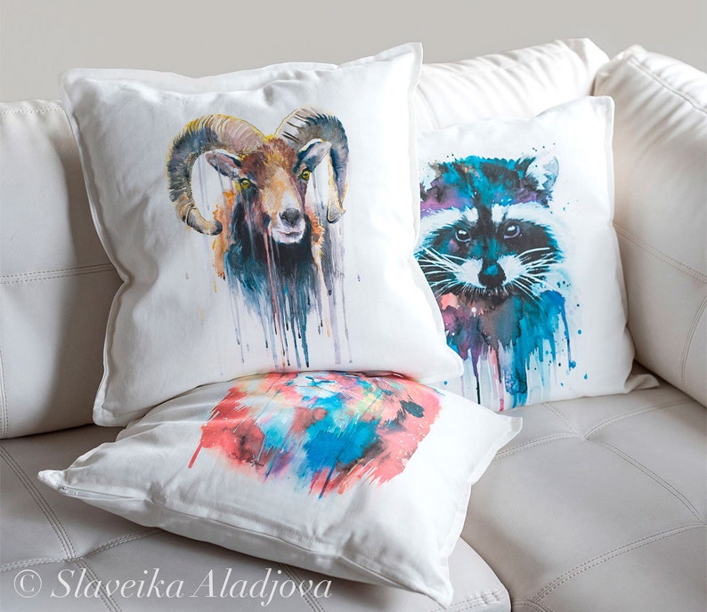 Mouflon throw pillow cover by Slaveika Aladjova, cushion cover, Decorative Pillow Cover, Animal Art, Watercolor pillow, Christmas gift image 2