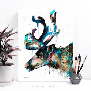 Reindeer Watercolor Painting Print by Slaveika Aladjova, Art, Animal ...