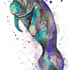 Blue manatee watercolor painting print by Slaveika Aladjova, art, animal, illustration, Sea art, sea life art, home decor, Wall art image 2