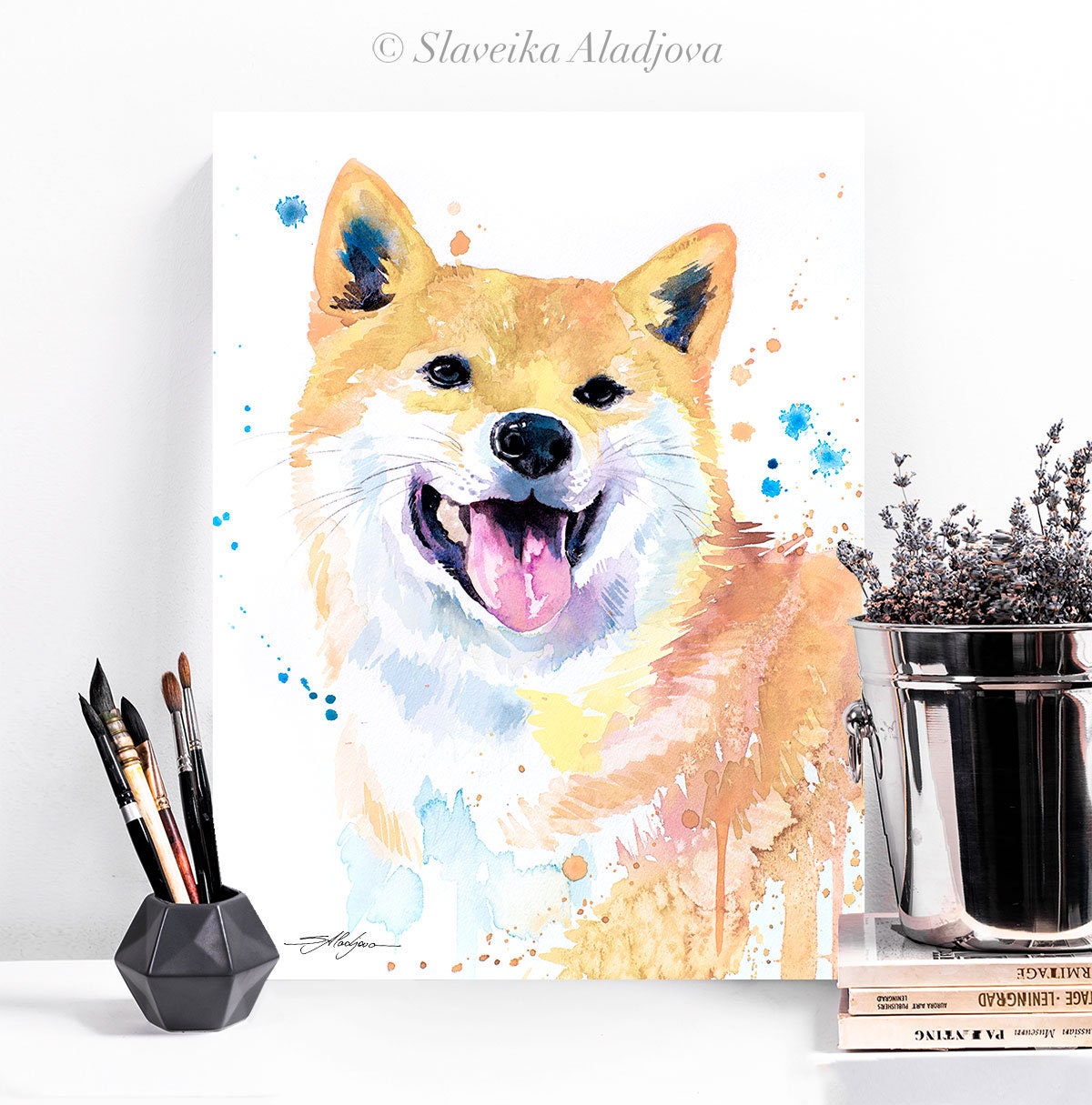 Cream Shiba Inu Watercolor Painting Print by Slaveika Aladjova