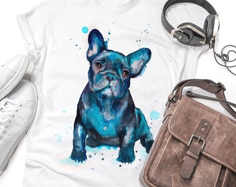 Black French Bulldog T-shirt, Unisex T-shirt, ring spun Cotton 100%, watercolor print T-shirt, T shirt art, T shirt animal,XS, S, M, L, XL,
