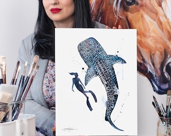 Freediver with Whale Shark watercolor painting print by Slaveika Aladjova, art, animal, illustration, Sea art, sea life art, home decor