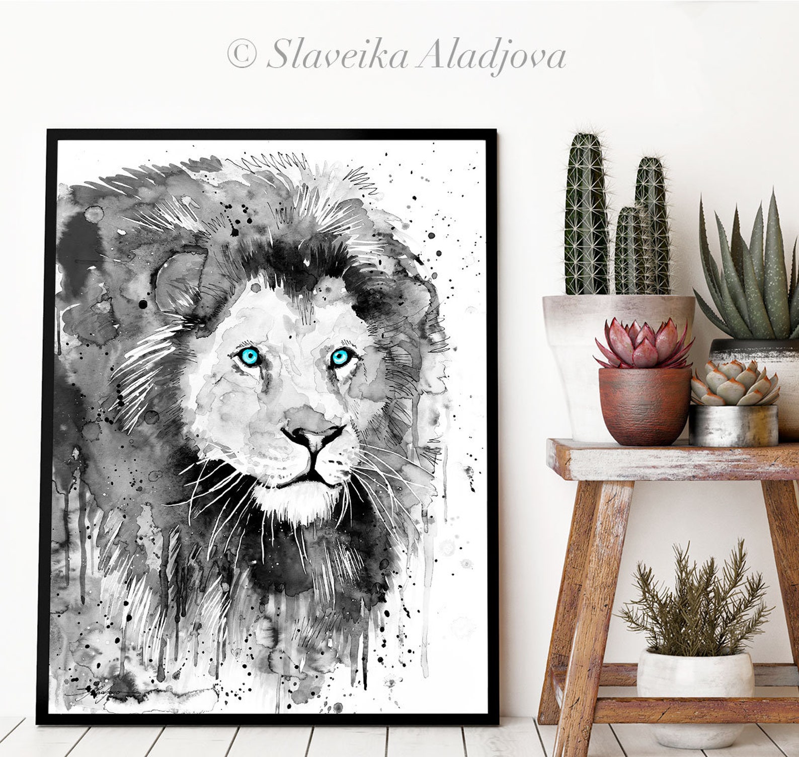 Black and White Lion Watercolor Painting Print by Slaveika Aladjova ...