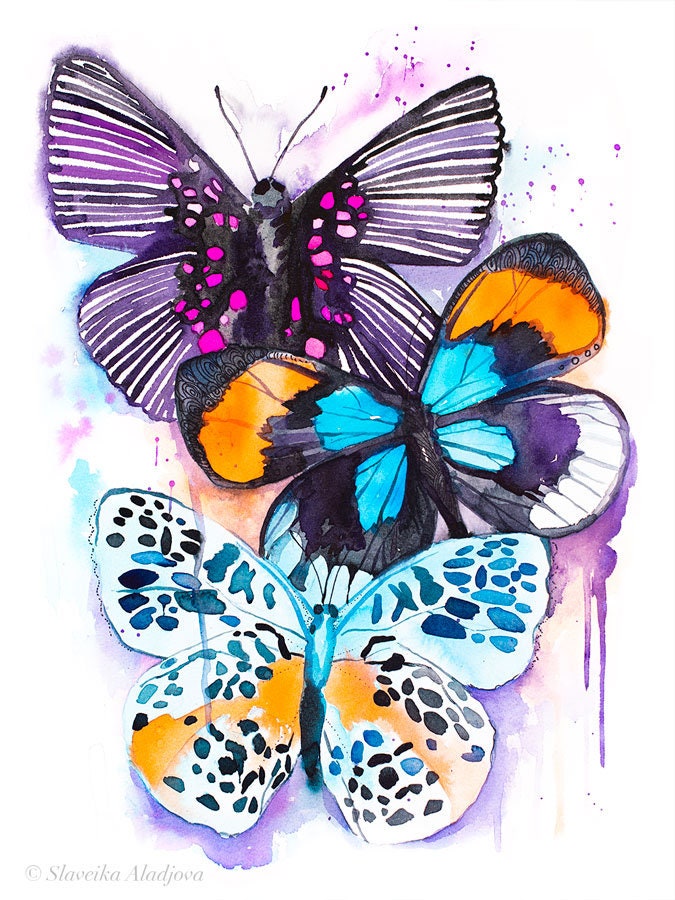 Blue and Purple Butterfly watercolor painting print by ...