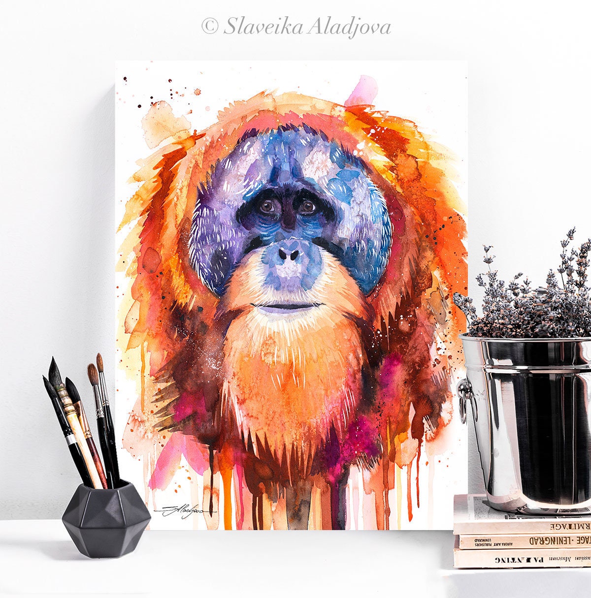 Tapanuli orangutan watercolor painting print by Slaveika Aladjova, art, animal, illustration, home decor, Nursery, Wildlife, monkey