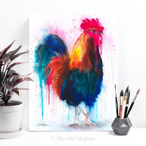 Coq coloré aquarelle impression par Slaveika Aladjova, art, animaux, illustration, oiseau, décoration, art mural, cadeau, de la faune