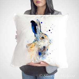 Hare rabbit throw pillow cover by Slaveika Aladjova, cushion cover, Decorative Pillow Cover, Animal Art, Watercolor pillow, Christmas