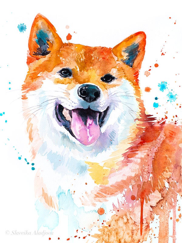 動物画、ペット画(本格水彩画) スラベイカ・アラジョワによる赤い柴犬の水彩画プリント、動物