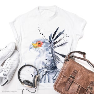 Secretary Bird T-shirt, Bird of Prey Watercolor Art Print, Graphic Tees, Unisex, Women, Kids models, ring spun Cotton, XS, S, M, L, XL, XXL