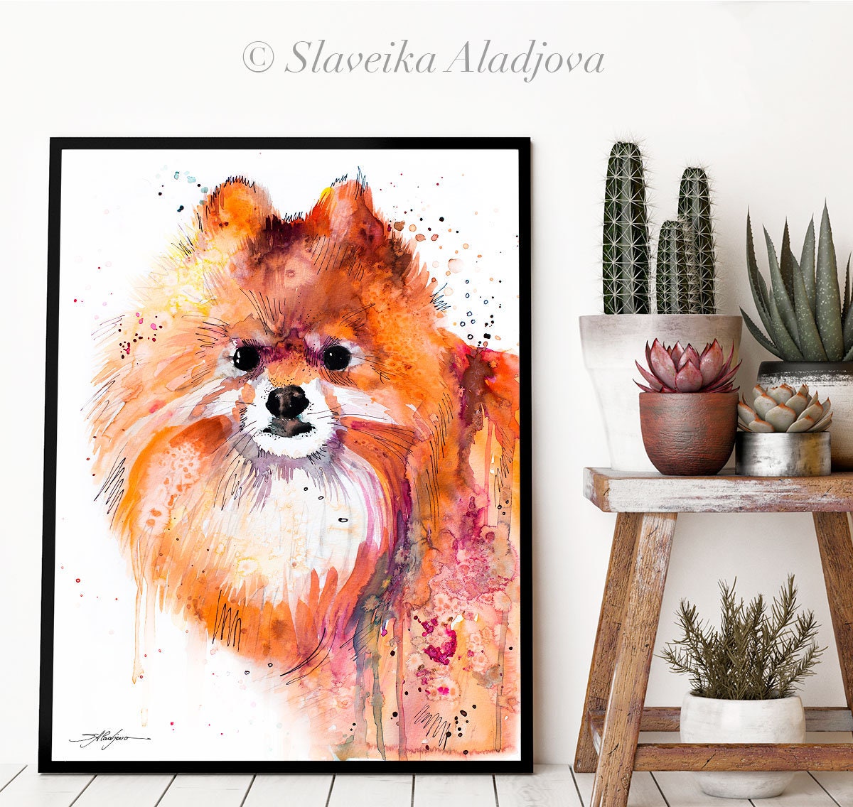 スラベイカ・アラジョワによるポメラニアンの水彩画プリント、動物