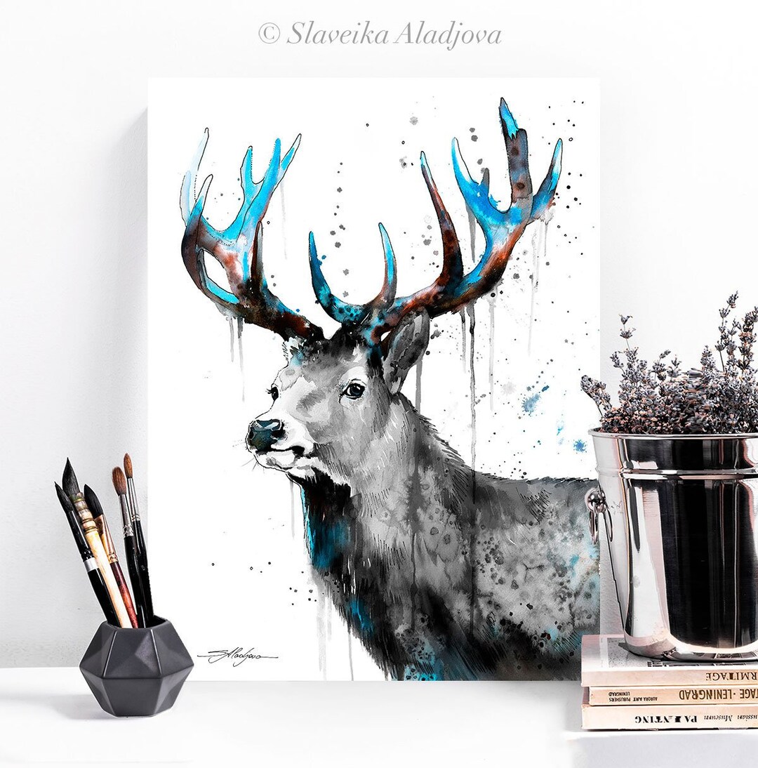 Black and White Deer Watercolor Painting Print by Slaveika Aladjova ...