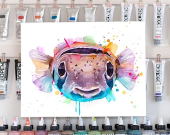 Balloonfish Limited Edition Watercolor Art Print by Slaveika Aladjova, illustration, Sea art, painting, nautical, ocean art, wall art, Fish