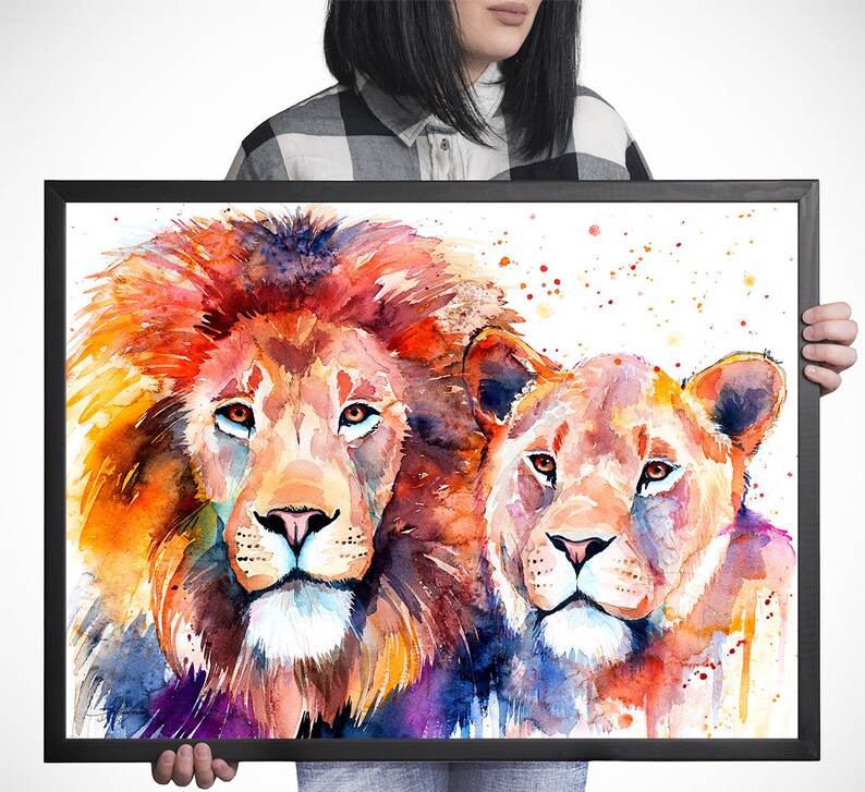 Lion Lioness Love Watercolor Framed Canvas By Slaveika Image 0