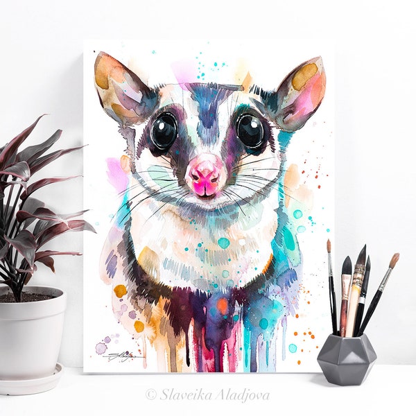 Sugar Glider Aquarell Malerei Von Slaveika Aladjova, Kunst, Tier, Illustration, Wohnkultur, Kinderzimmer, Geschenk, Wildlife, Wandkunst