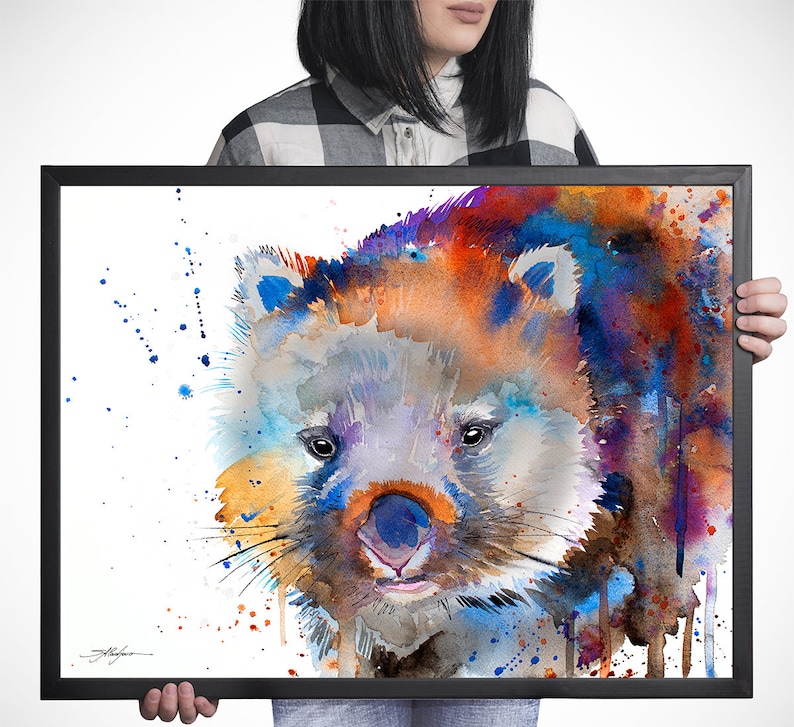 May include: Watercolor painting of a wombat with a colorful background. The wombat is painted in shades of brown, gray, and white, with a blue nose and pink tongue. The background is a mix of blue, purple, orange, and red.