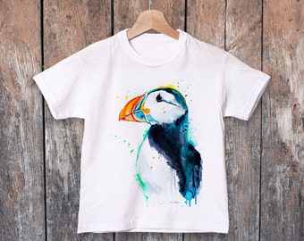 T-shirt pour enfants aquarelle macareux, vêtements pour garçons, vêtements pour filles, coton filé à l’anneau 100%, T-shirt imprimé aquarelle, T-shirt art T-shirt animal