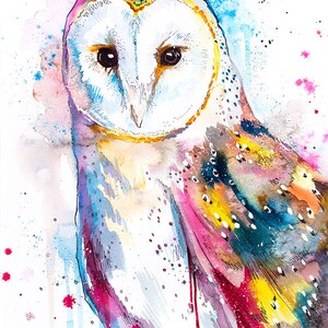 May include: Watercolor painting of a barn owl with a colorful background. The owl's face is white with black eyes and a yellow beak. The background is a mix of blue, pink, yellow, and purple.