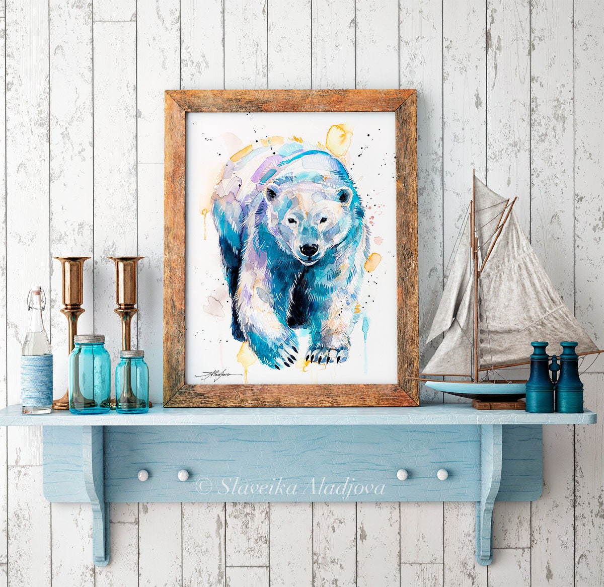 Slaveika Aladjovaによるシロクマの水彩画プリント、アート、動物